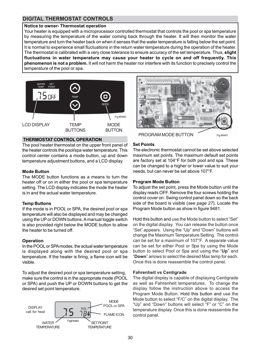 Digital thermostat controls | Raypak P-R185B To P-R405B User Manual | Page 30 / 52