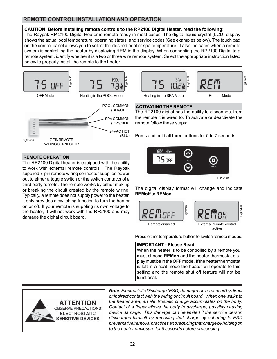 Remote control installation and operation | Raypak P-R185B To P-R405B User Manual | Page 32 / 52