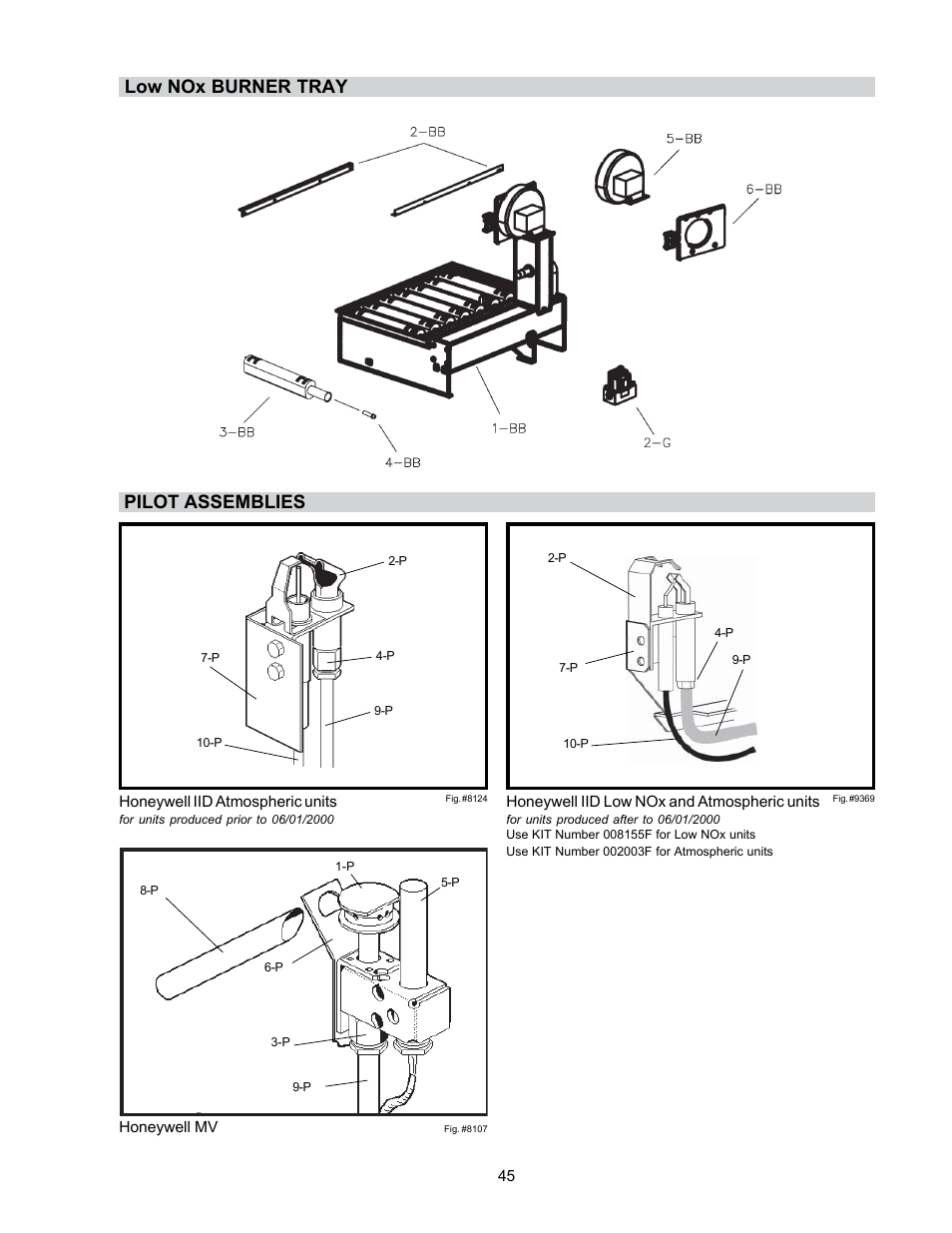 Low nox burner tray pilot assemblies | Raypak P-R185B To P-R405B User Manual | Page 45 / 52