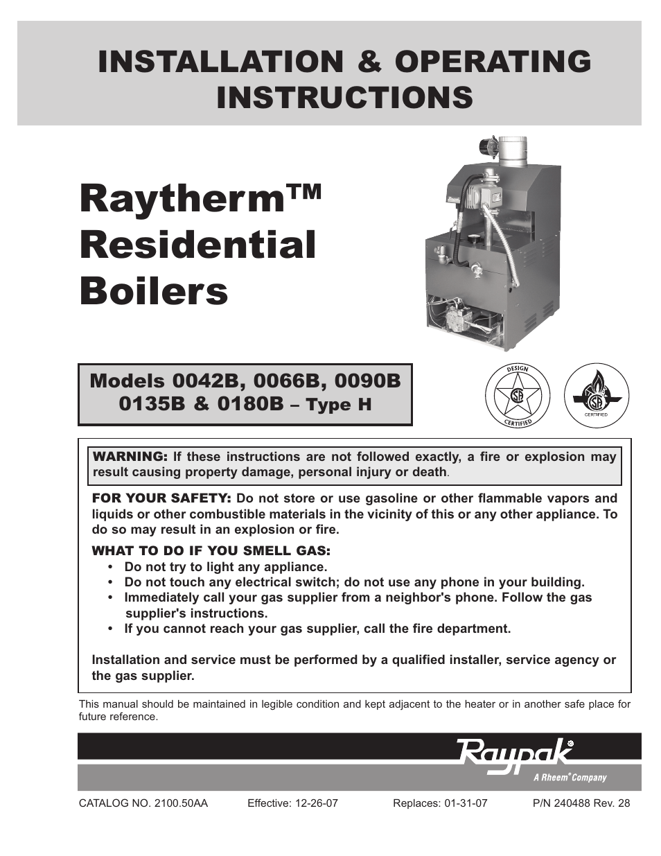 Raypak 0180B Type H User Manual | 40 pages