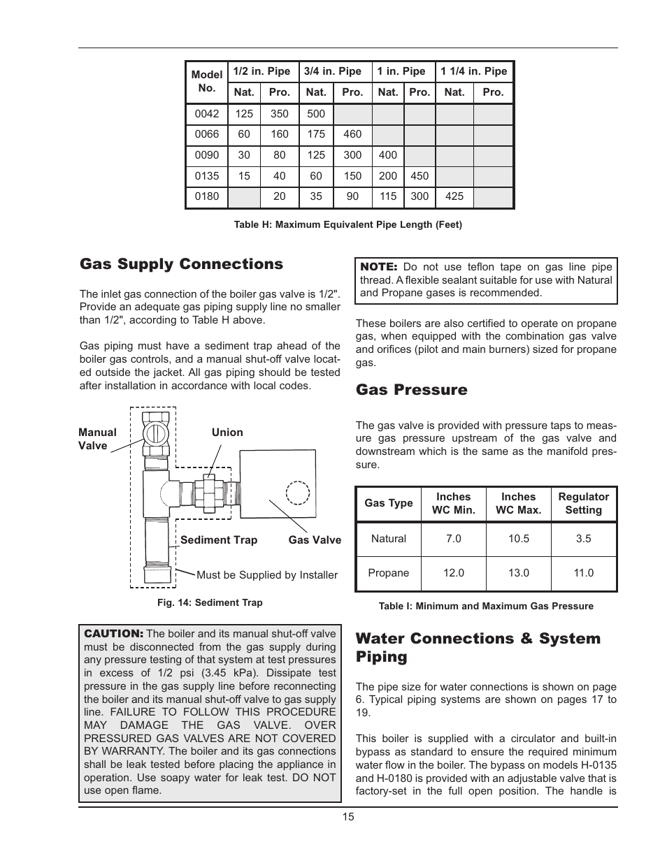 Gas supply connections, Gas pressure, Water connections & system piping | Raypak 0180B Type H User Manual | Page 15 / 40