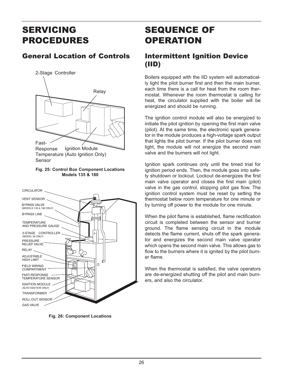 Servicing procedures, Sequence of operation, General location of controls | Intermittent ignition device (iid) | Raypak 0180B Type H User Manual | Page 26 / 40