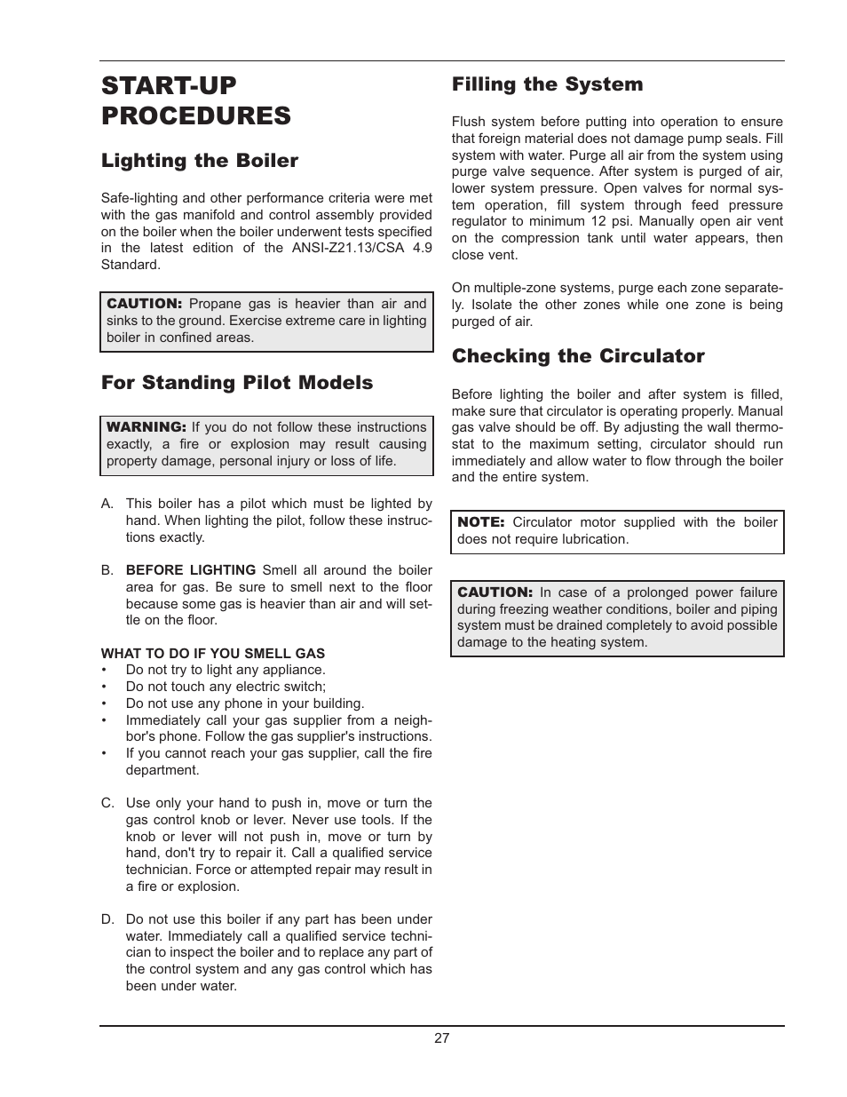 Start-up procedures, Lighting the boiler, For standing pilot models | Filling the system, Checking the circulator | Raypak 0180B Type H User Manual | Page 27 / 40