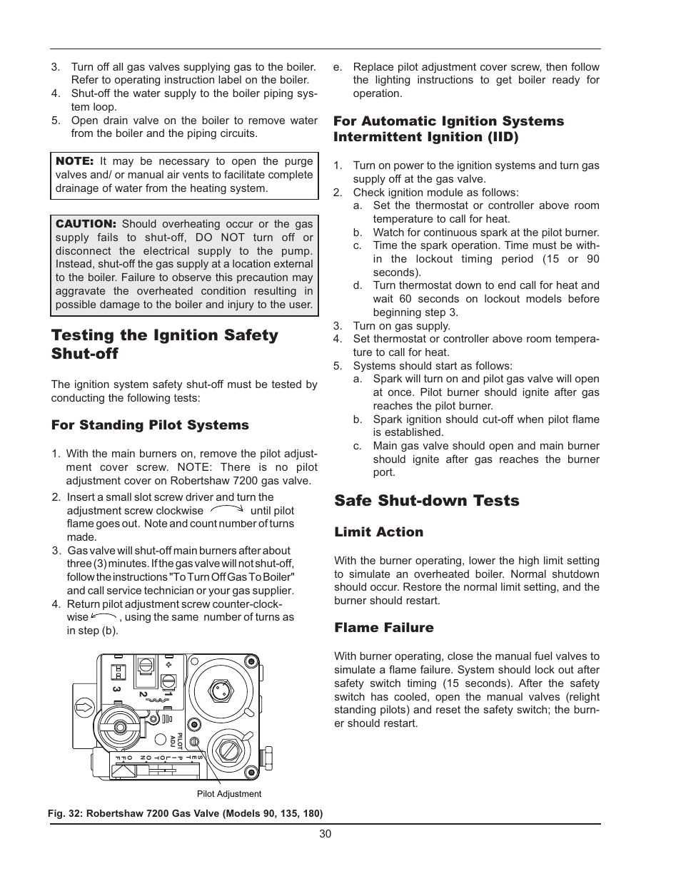 Testing the ignition safety shut-off, Safe shut-down tests, For standing pilot systems | Limit action, Flame failure | Raypak 0180B Type H User Manual | Page 30 / 40