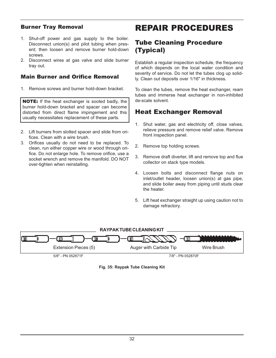Repair procedures, Tube cleaning procedure (typical), Heat exchanger removal | Burner tray removal, Main burner and orifice removal | Raypak 0180B Type H User Manual | Page 32 / 40