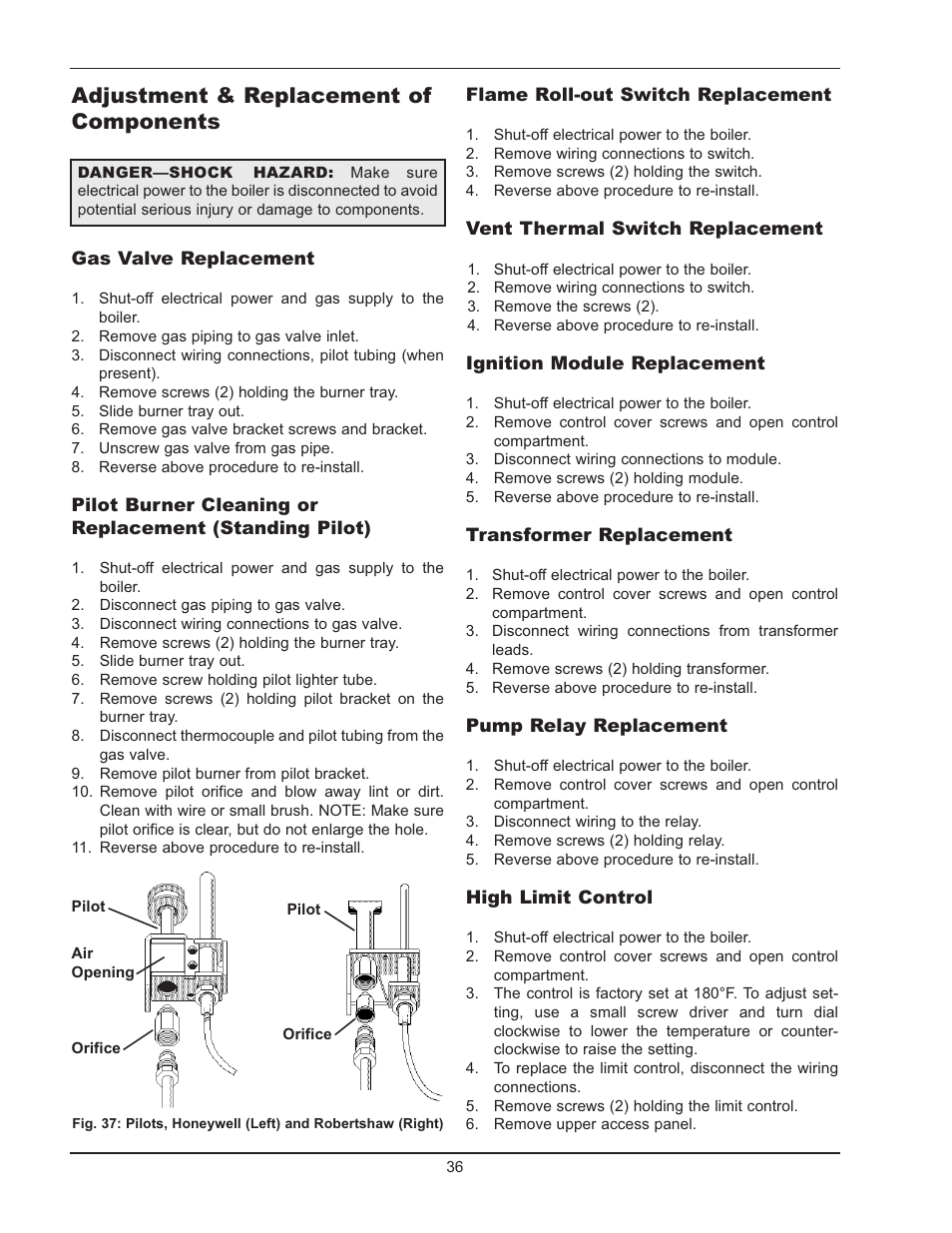 Adjustment & replacement of components | Raypak 0180B Type H User Manual | Page 36 / 40