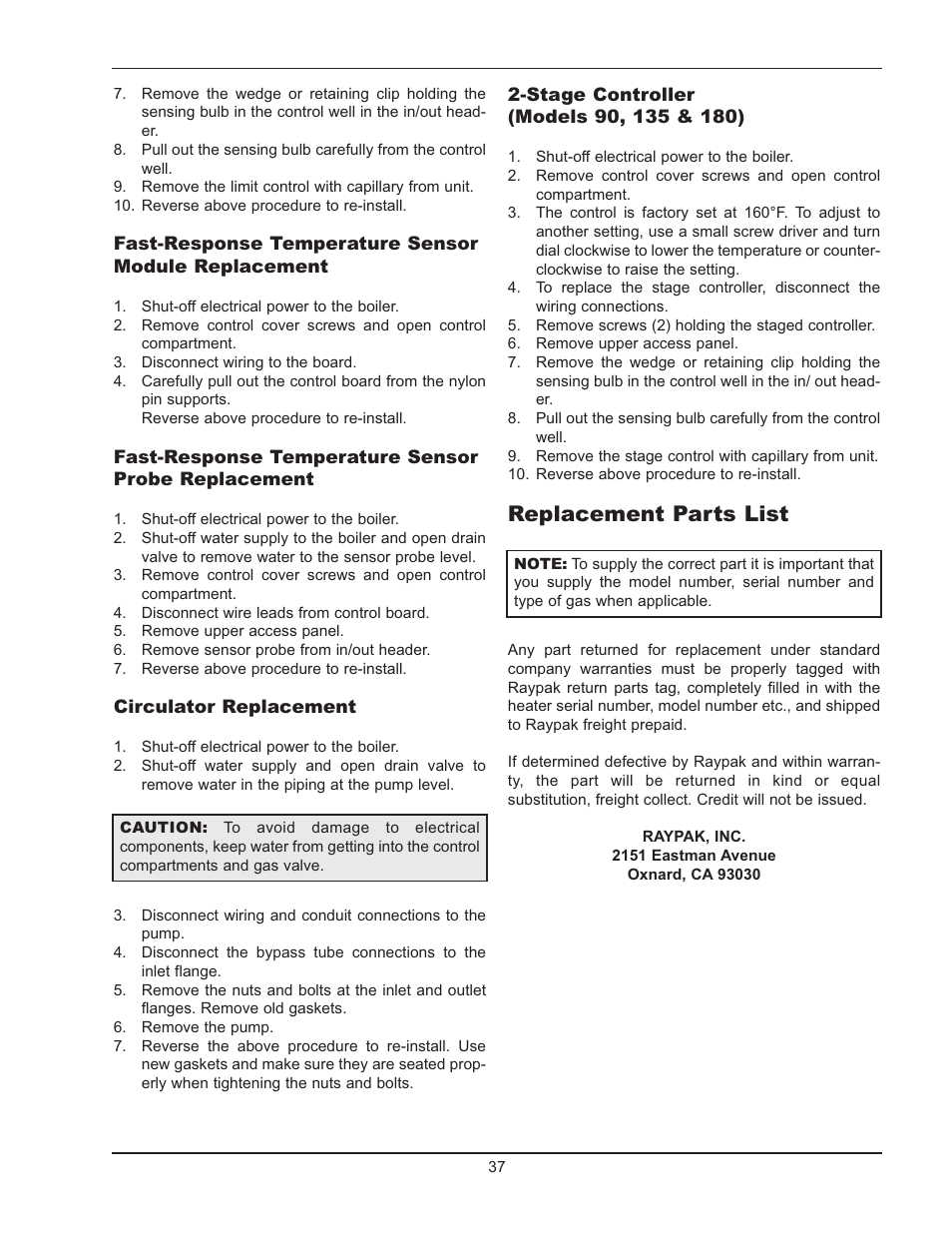 Replacement parts list | Raypak 0180B Type H User Manual | Page 37 / 40