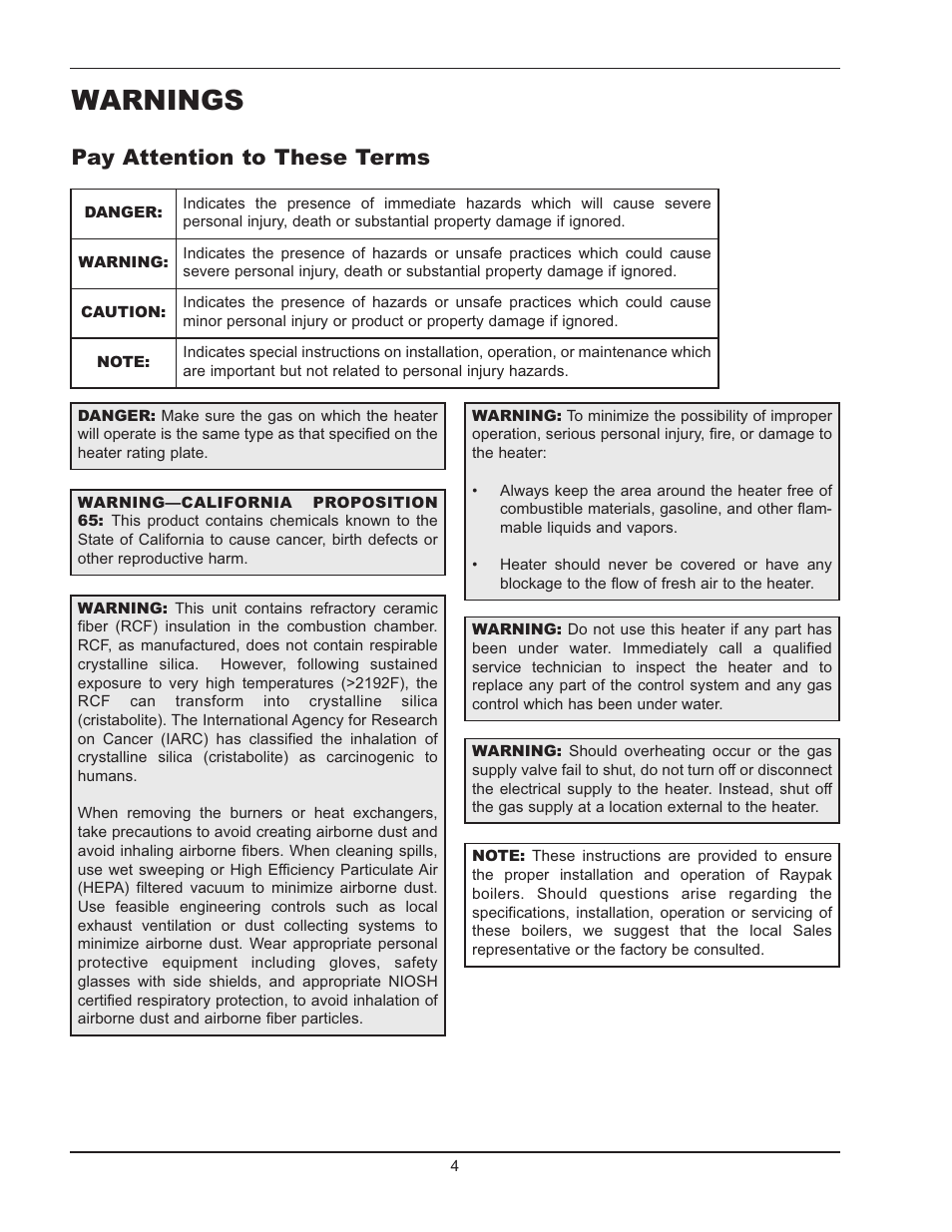 Warnings, Pay attention to these terms | Raypak 0180B Type H User Manual | Page 4 / 40