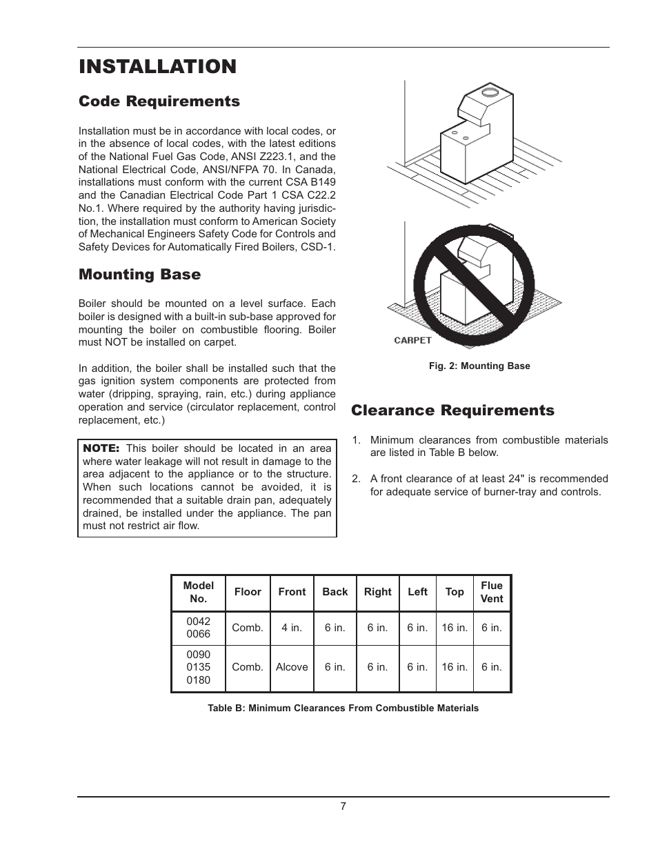 Installation, Code requirements, Mounting base | Clearance requirements | Raypak 0180B Type H User Manual | Page 7 / 40