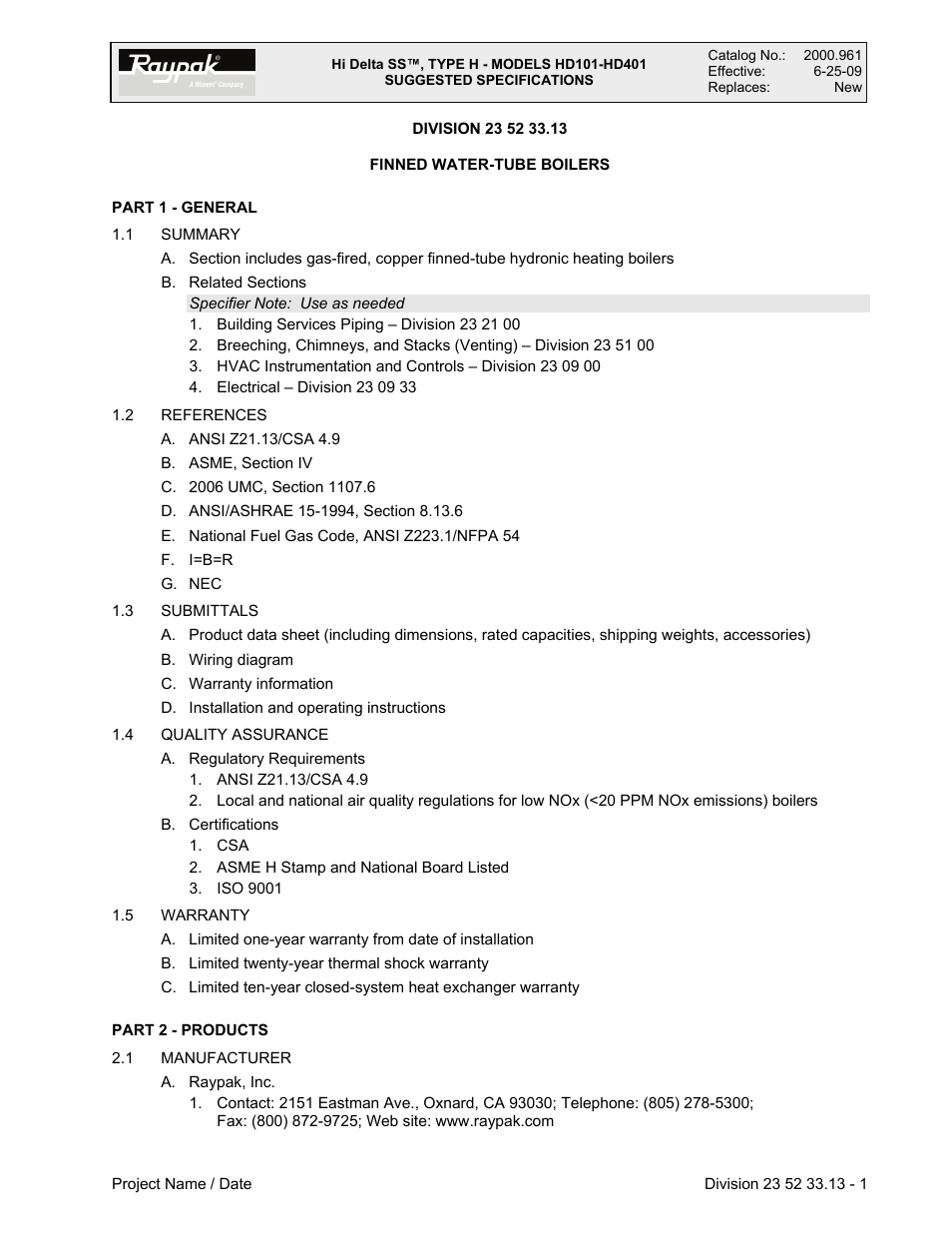 Raypak HD401 User Manual | 4 pages