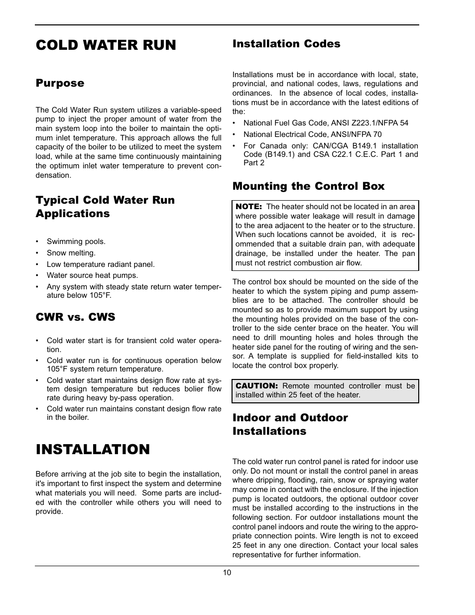 Cold water run, Installation, Purpose | Typical cold water run applications, Cwr vs. cws, Installation codes, Mounting the control box, Indoor and outdoor installations | Raypak 241275 User Manual | Page 10 / 22