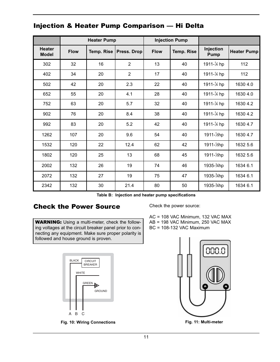 Injection & heater pump comparison — hi delta, Check the power source | Raypak 241275 User Manual | Page 11 / 22