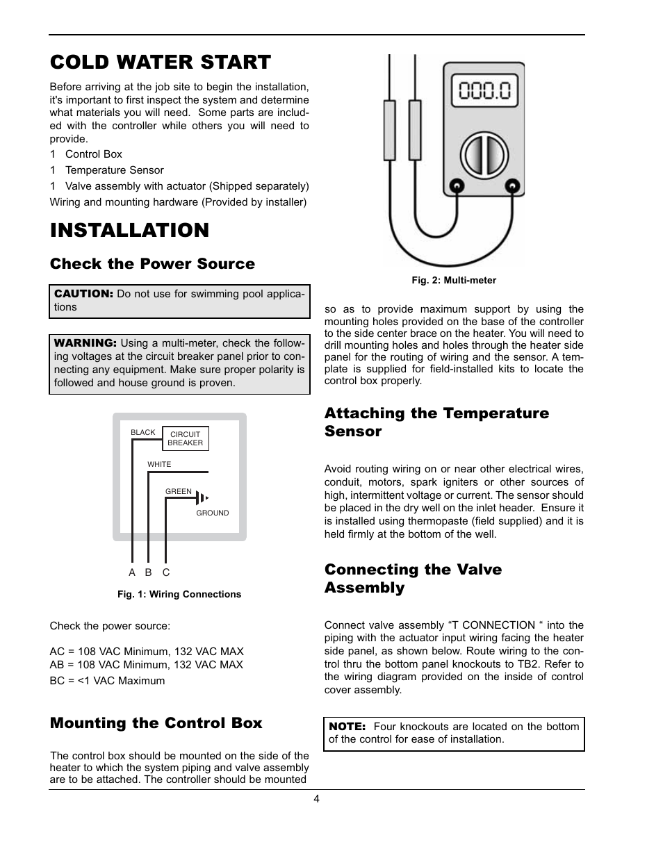 Cold water start, Installation, Check the power source | Mounting the control box, Attaching the temperature sensor, Connecting the valve assembly | Raypak 241275 User Manual | Page 4 / 22