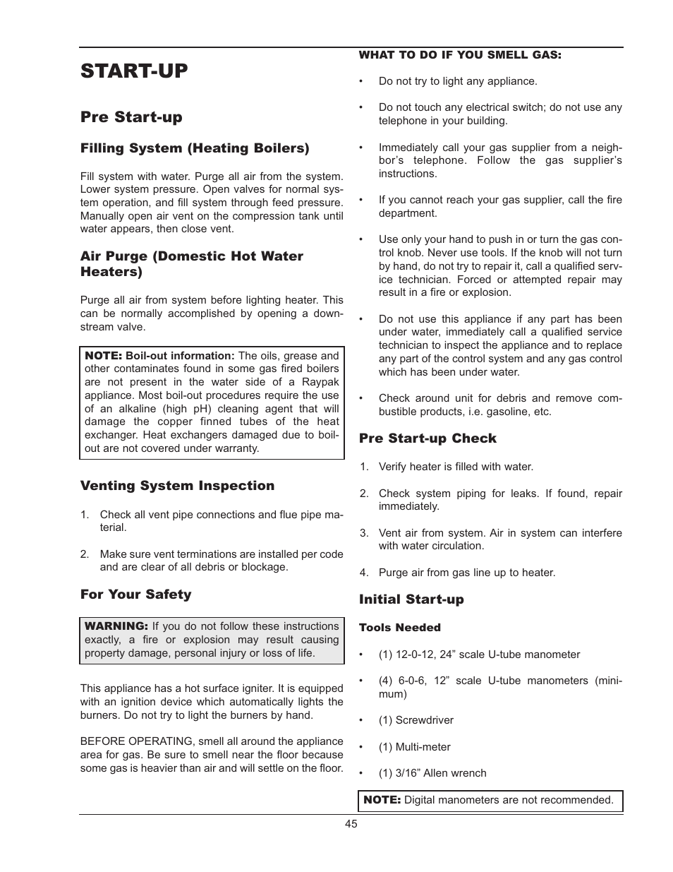Start-up, Pre start-up | Raypak 302B-902B User Manual | Page 45 / 60