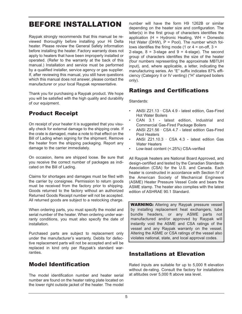 Before installation, Product receipt, Model identification | Ratings and certifications, Installations at elevation | Raypak 302B-902B User Manual | Page 5 / 60