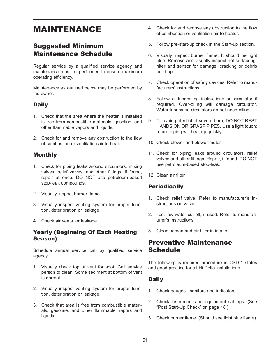 Maintenance, Suggested minimum maintenance schedule, Preventive maintenance schedule | Raypak 302B-902B User Manual | Page 51 / 60
