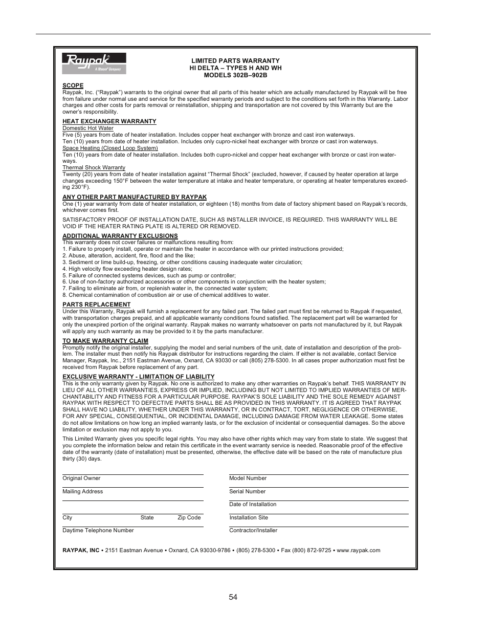 Raypak 302B-902B User Manual | Page 54 / 60