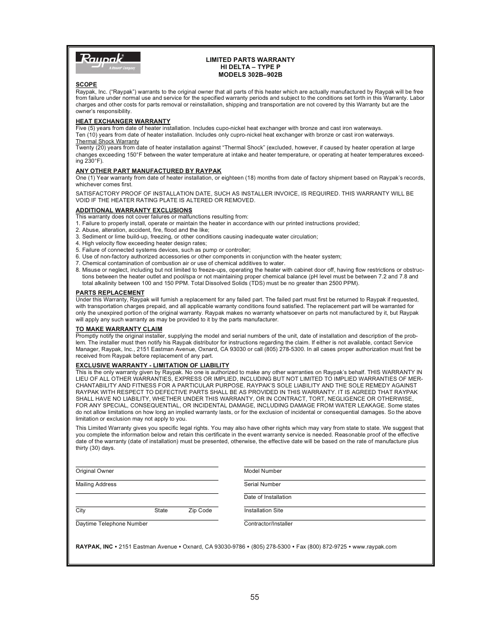 Raypak 302B-902B User Manual | Page 55 / 60