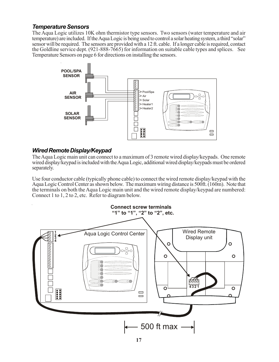 500 ft max, Temperature sensors, Wired remote display/keypad | Raypak PS-4 PS-8 User Manual | Page 20 / 32