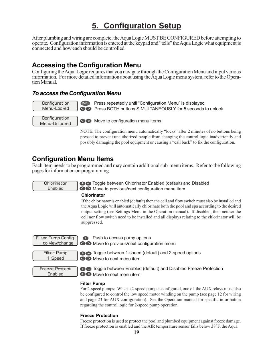 Configuration setup, Accessing the configuration menu, Configuration menu items | Raypak PS-4 PS-8 User Manual | Page 22 / 32