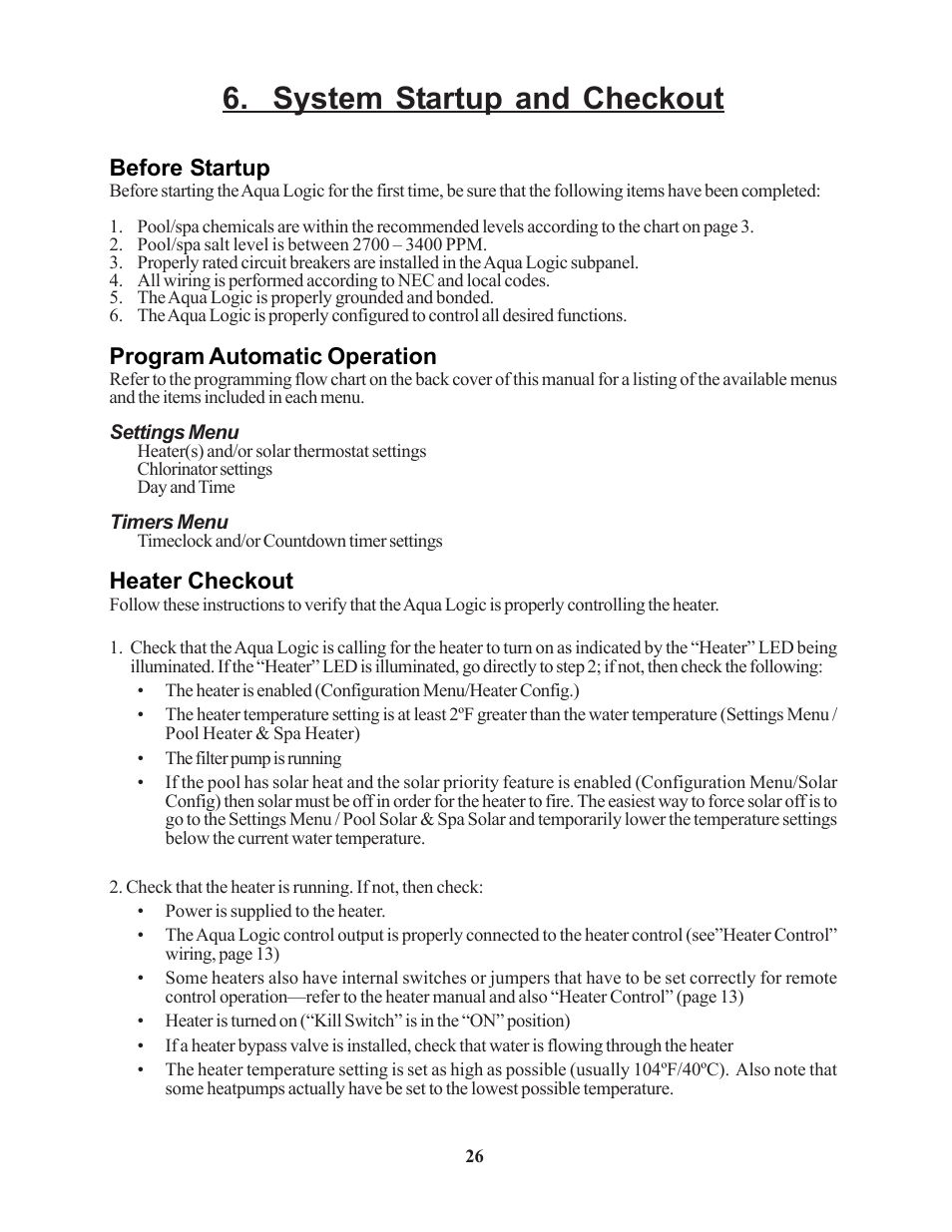 System startup and checkout, Before startup, Program automatic operation | Heater checkout | Raypak PS-4 PS-8 User Manual | Page 29 / 32