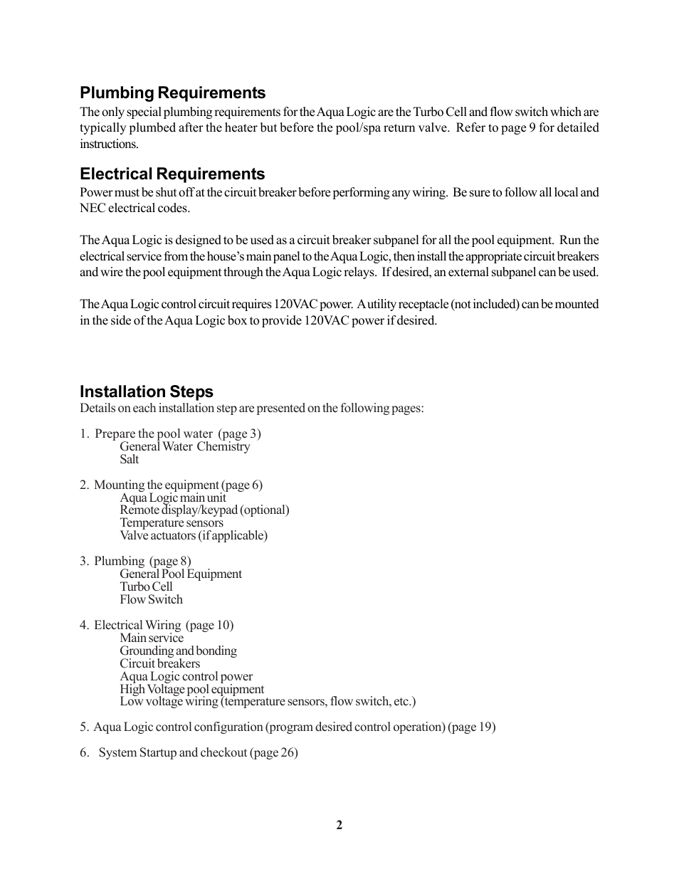 Plumbing requirements, Electrical requirements, Installation steps | Raypak PS-4 PS-8 User Manual | Page 5 / 32
