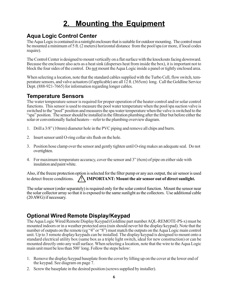 Mounting the equipment, Aqua logic control center, Temperature sensors | Optional wired remote display/keypad | Raypak PS-4 PS-8 User Manual | Page 9 / 32