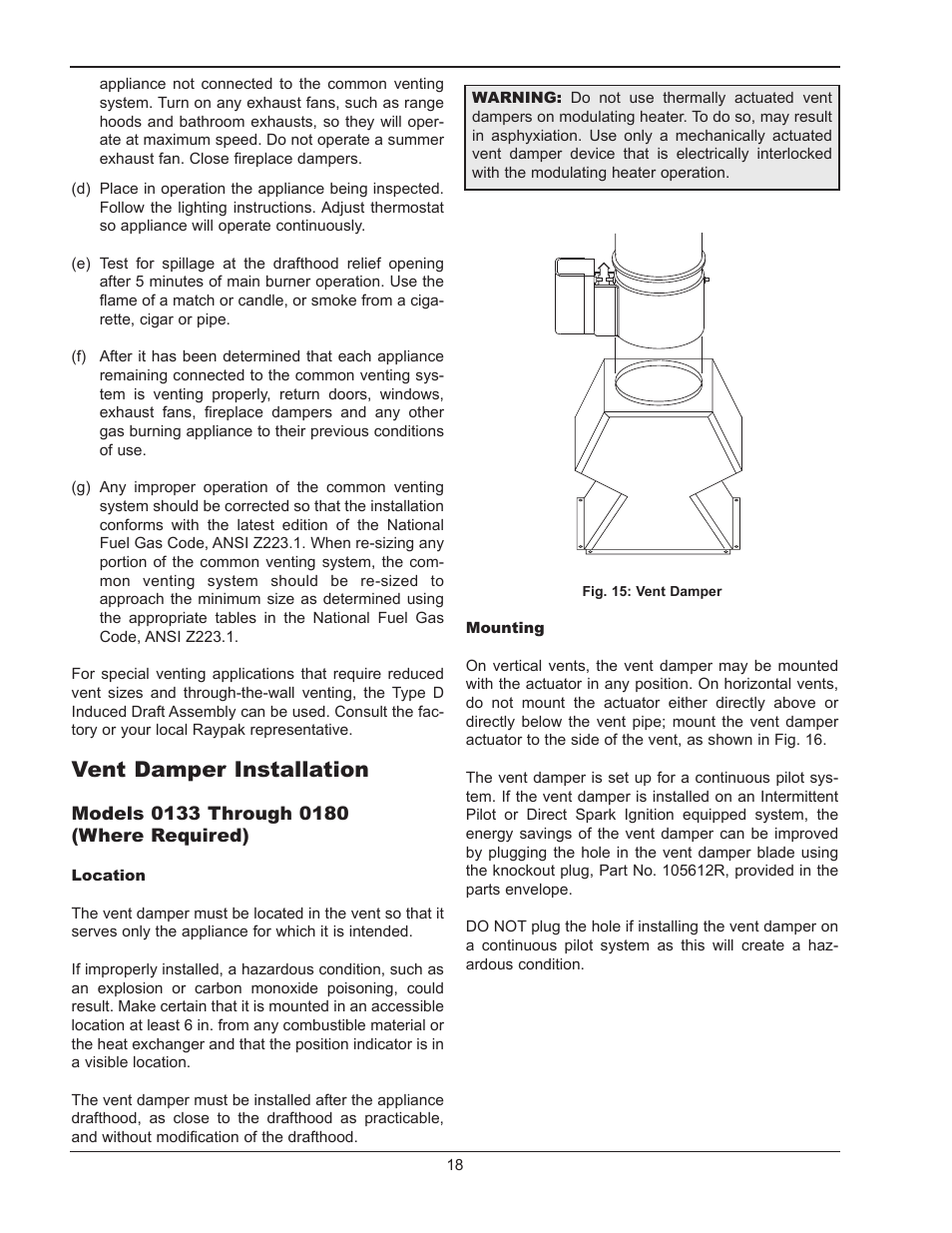 Vent damper installation | Raypak 1334001 User Manual | Page 18 / 52