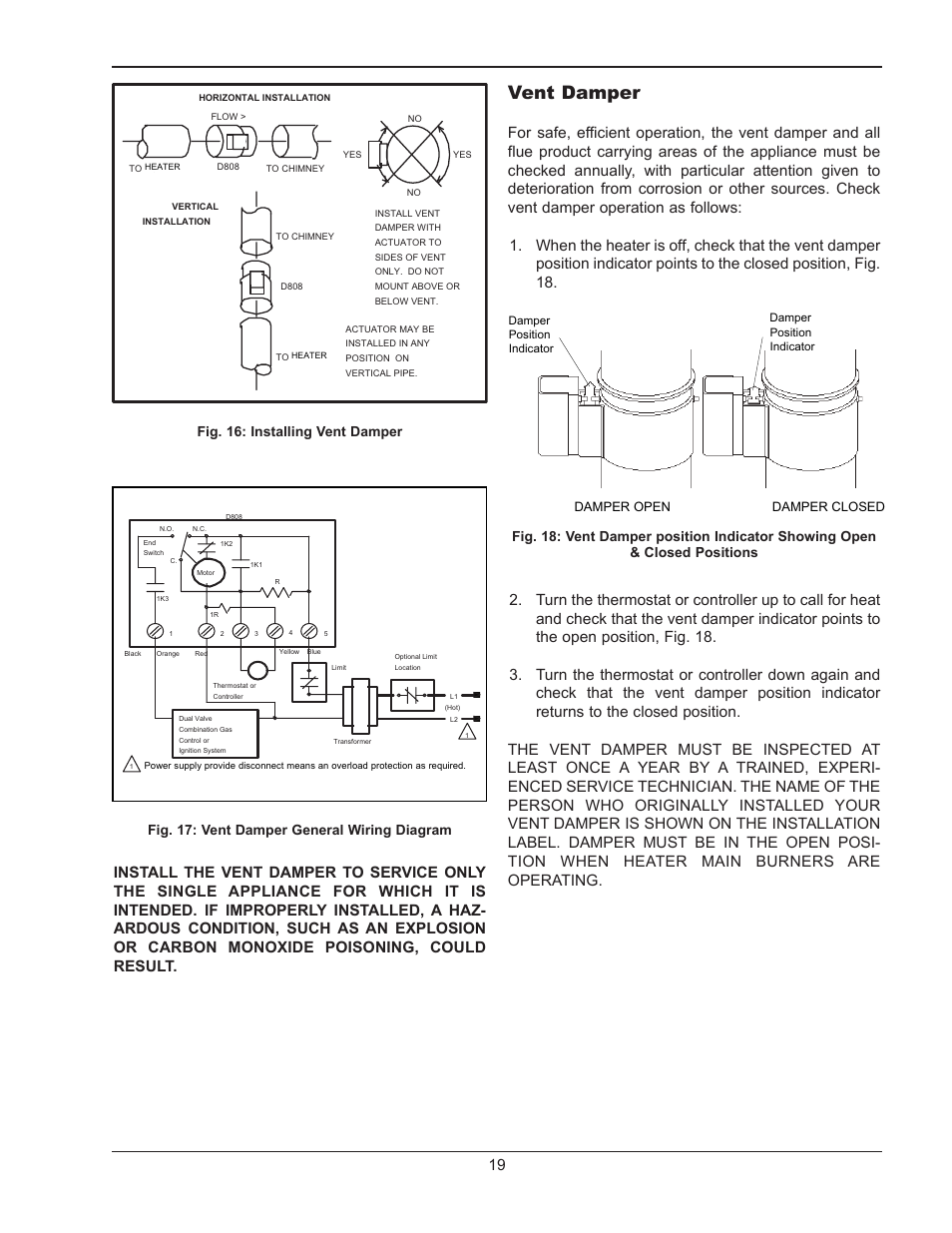 Vent damper, Damper open damper closed | Raypak 1334001 User Manual | Page 19 / 52