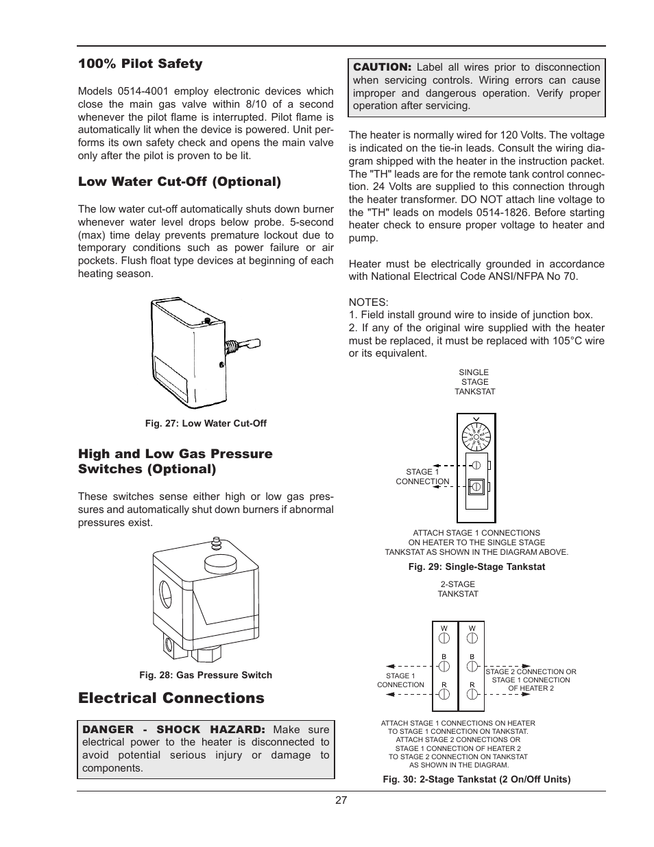 Electrical connections, 100% pilot safety, Low water cut-off (optional) | High and low gas pressure switches (optional) | Raypak 1334001 User Manual | Page 27 / 52