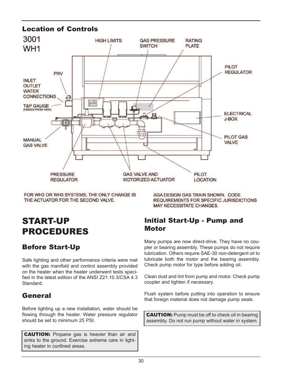Start-u, Procedures, Before start-up | General, Initial start-up - pump and motor, Start-up procedures | Raypak 1334001 User Manual | Page 30 / 52