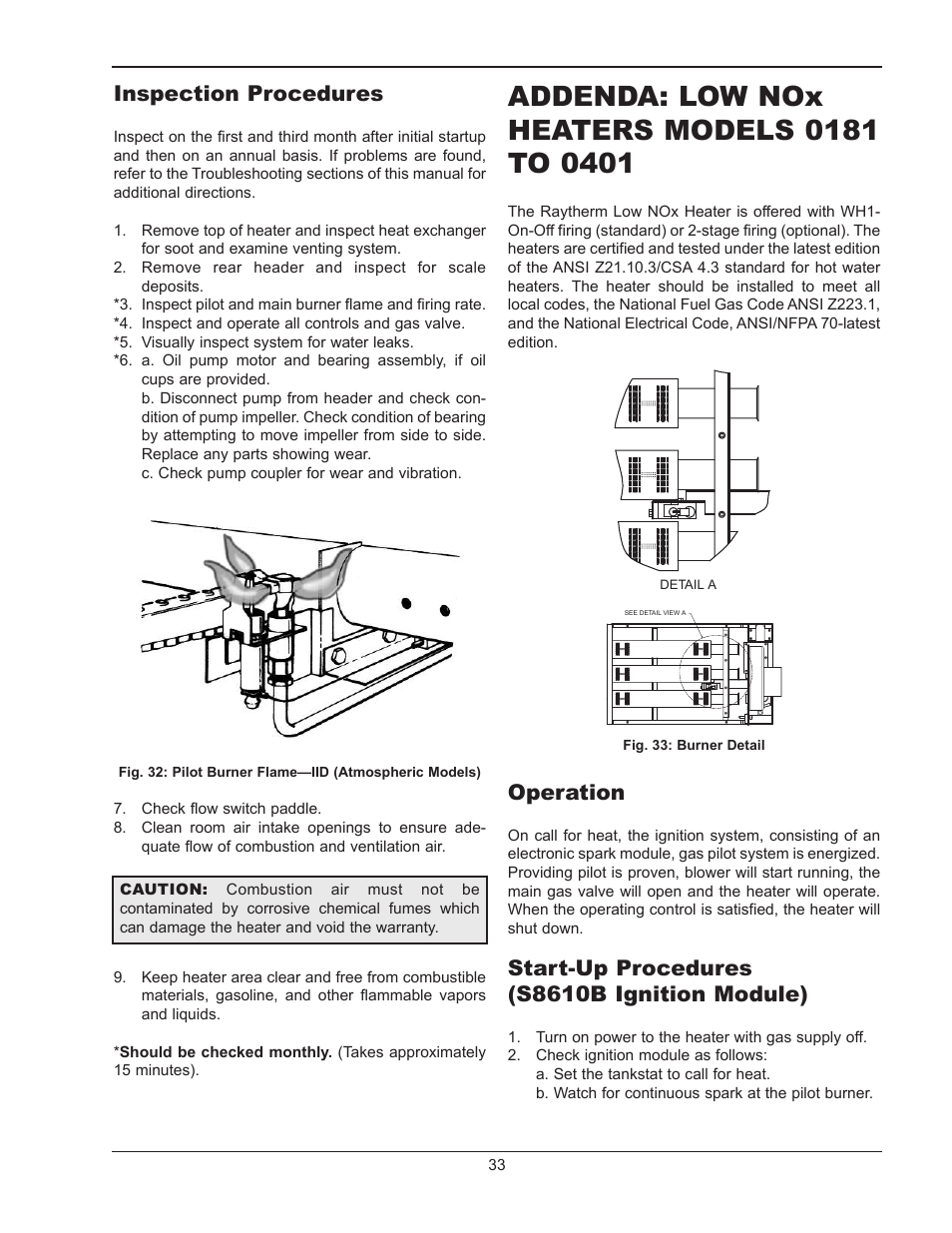 Inspection procedures, Addenda: low nox heaters models 0181 to 0401, Operation | Start-up procedure, Addenda: low nox heaters, Models 0181 to 0401, Start-up procedures, Start-up procedures (s8610b ignition module) | Raypak 1334001 User Manual | Page 33 / 52