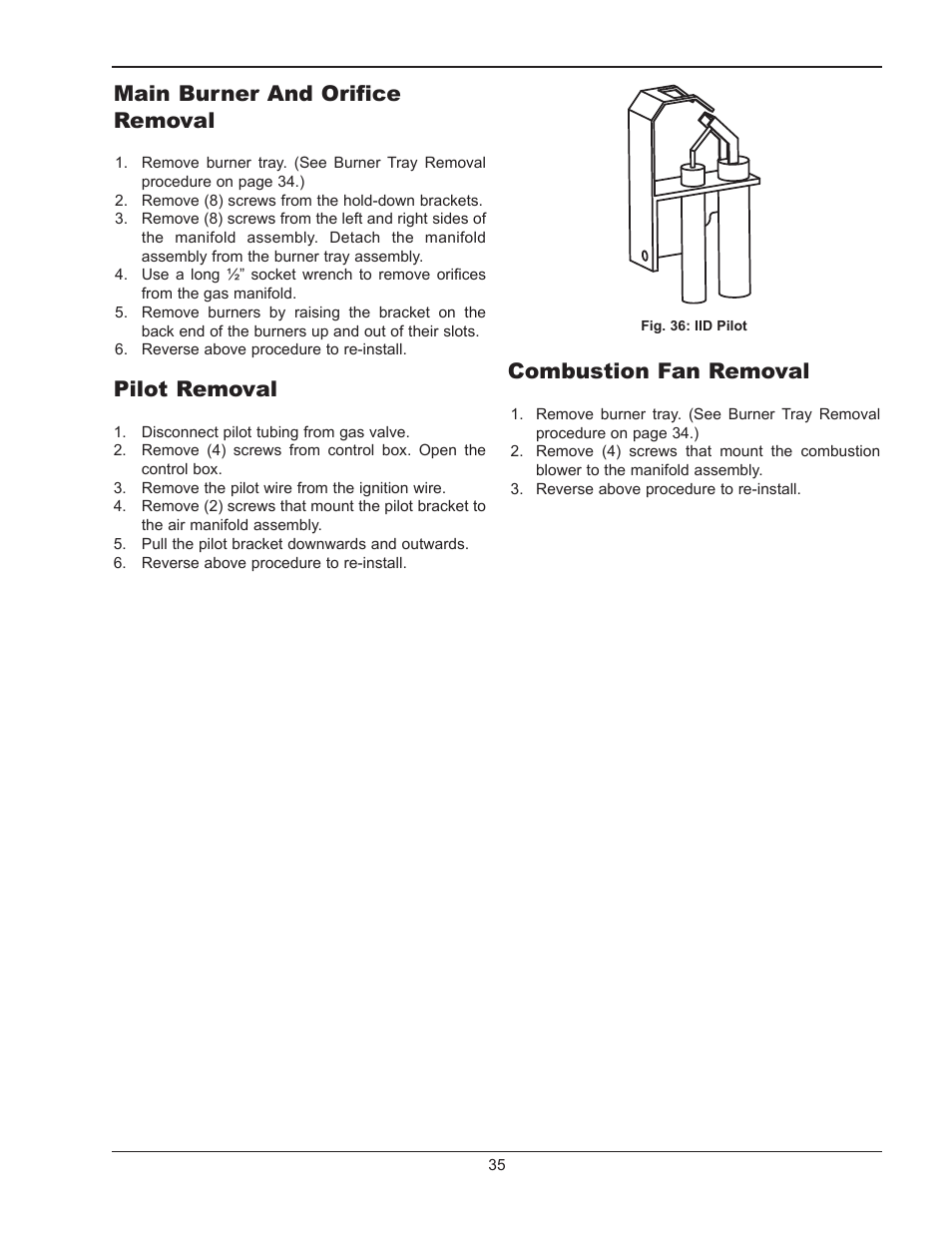 Main burner and orifice removal, Pilot removal, Combustion fan removal | Raypak 1334001 User Manual | Page 35 / 52