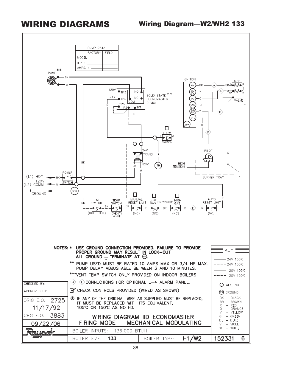 Wiring diagrams, Wiring diagram—wh1 0181/0261 | Raypak 1334001 User Manual | Page 38 / 52