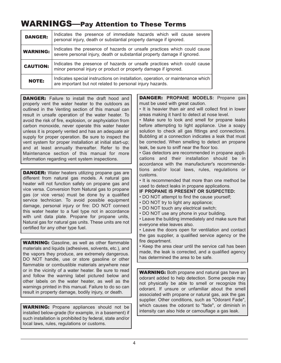 Warnings, Pay attention to these terms | Raypak 1334001 User Manual | Page 4 / 52