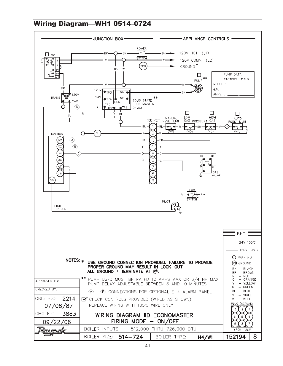 Wiring diagram—wh1 08, Wiring diagram—wh1 0824–1826 | Raypak 1334001 User Manual | Page 41 / 52