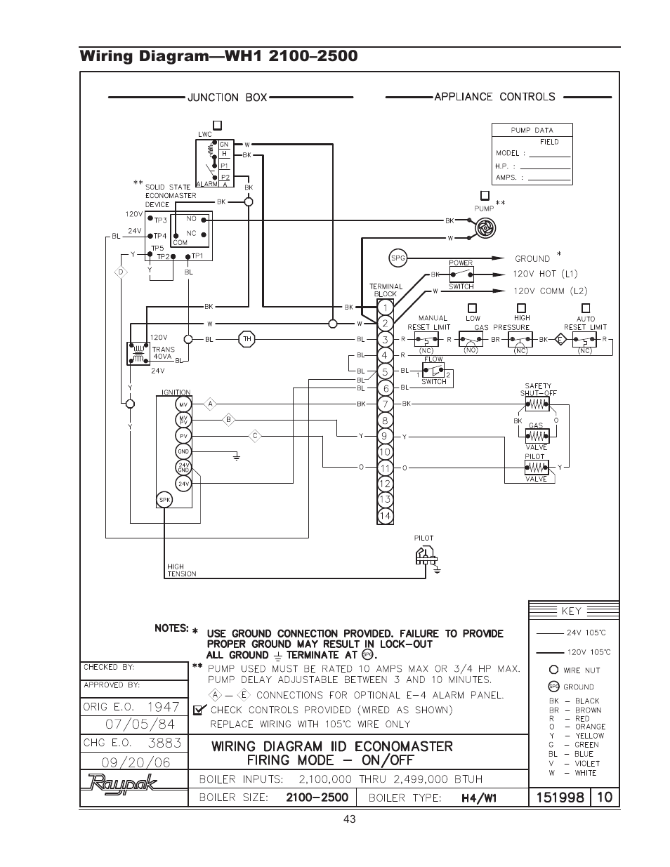 Wiring diagram—wh1 30, Wiring diagram—wh1 3001–4001 | Raypak 1334001 User Manual | Page 43 / 52
