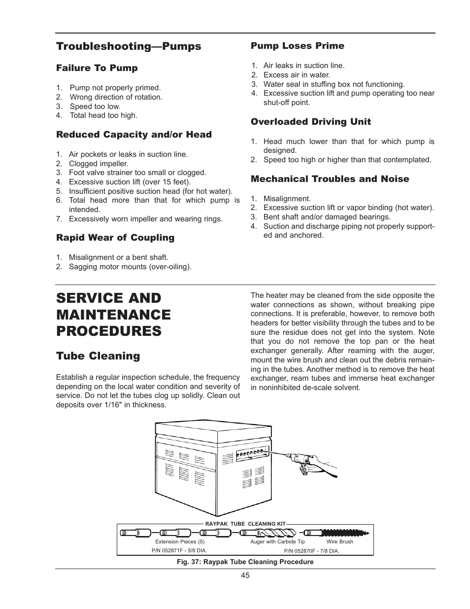 Burner tray removal, Gas valve removal, Main burner and orifice remova | High limit or tankstat removal, Heat exchanger removal, Main burner and orifice removal, Service and maintenance procedures, Troubleshooting—pumps, Tube cleaning | Raypak 1334001 User Manual | Page 45 / 52