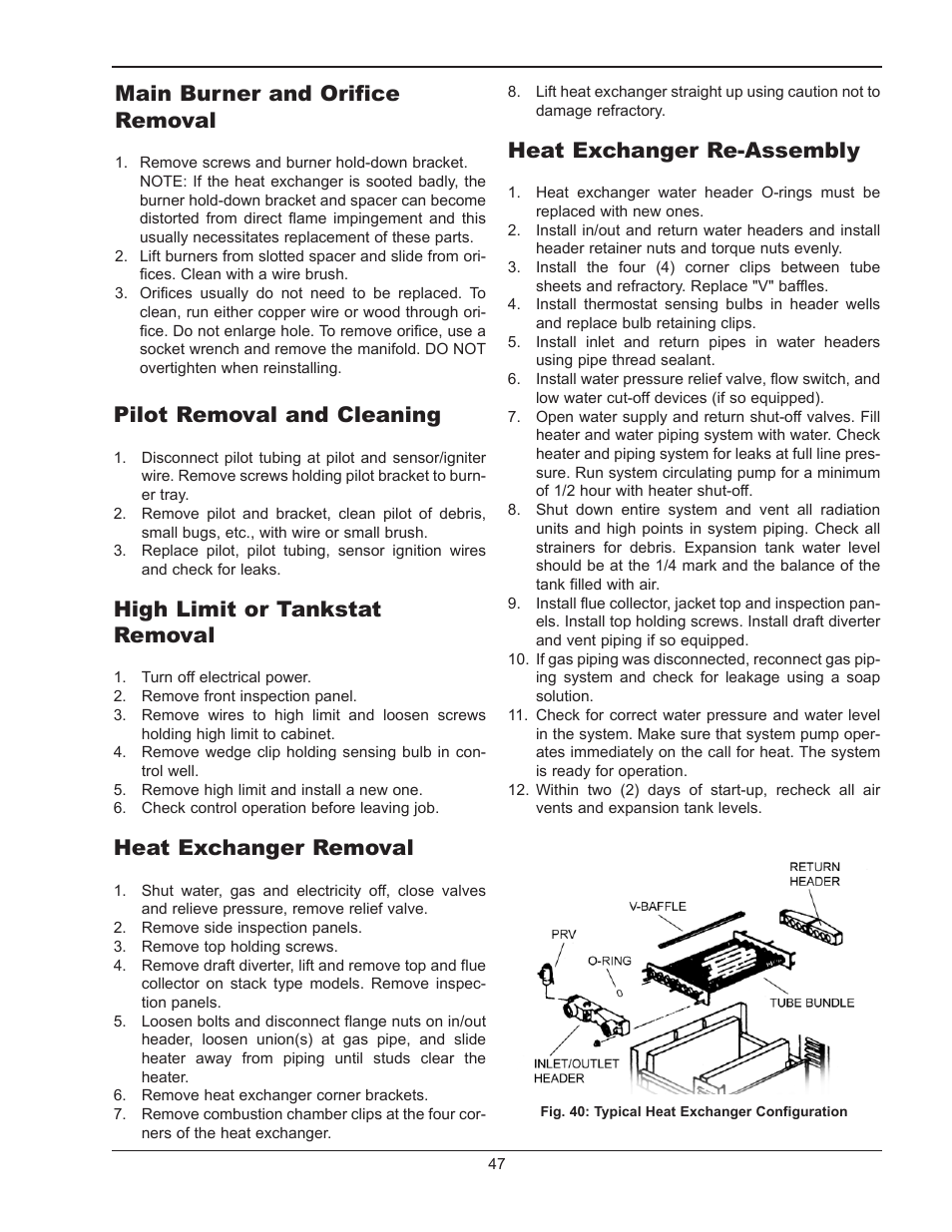 Cleaning flue gas passageways, Replacement parts, Main burner and orifice removal | Pilot removal and cleaning, High limit or tankstat removal, Heat exchanger removal, Heat exchanger re-assembly | Raypak 1334001 User Manual | Page 47 / 52