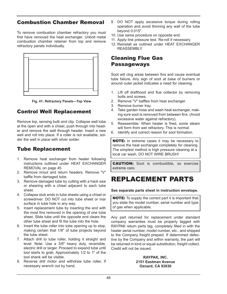 Replacement parts, Cleaning flue gas passageways, Combustion chamber removal | Control well replacement, Tube replacement | Raypak 1334001 User Manual | Page 48 / 52