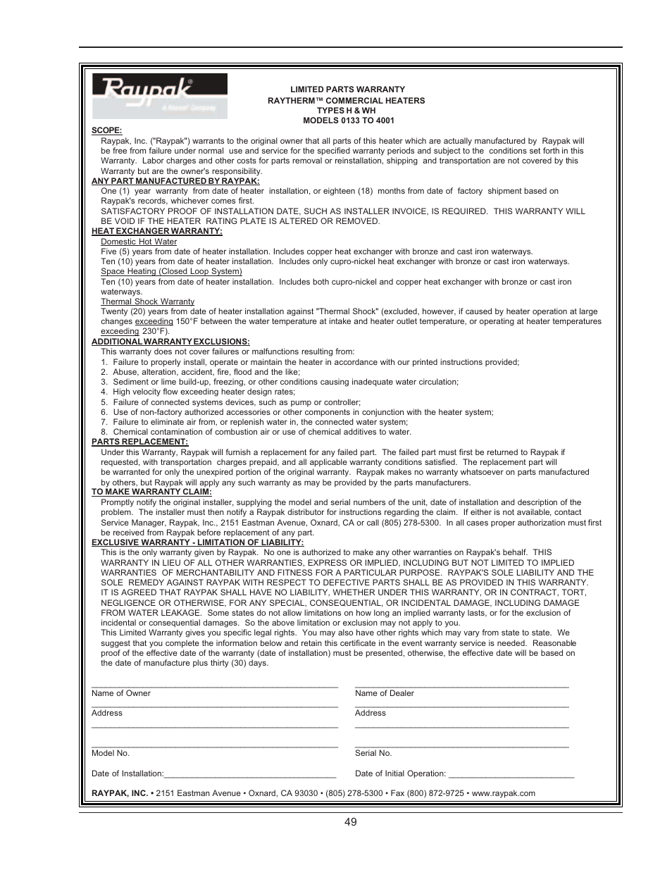 Raypak 1334001 User Manual | Page 49 / 52