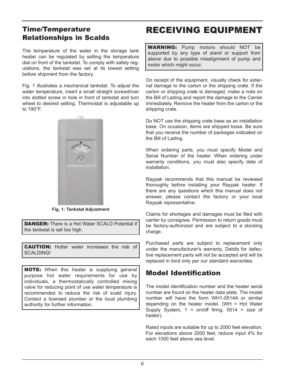 Time/temperature relationships in scalds, Receiving equipment, Model identification | Time/temperature relationships in scalds 6 | Raypak 1334001 User Manual | Page 6 / 52
