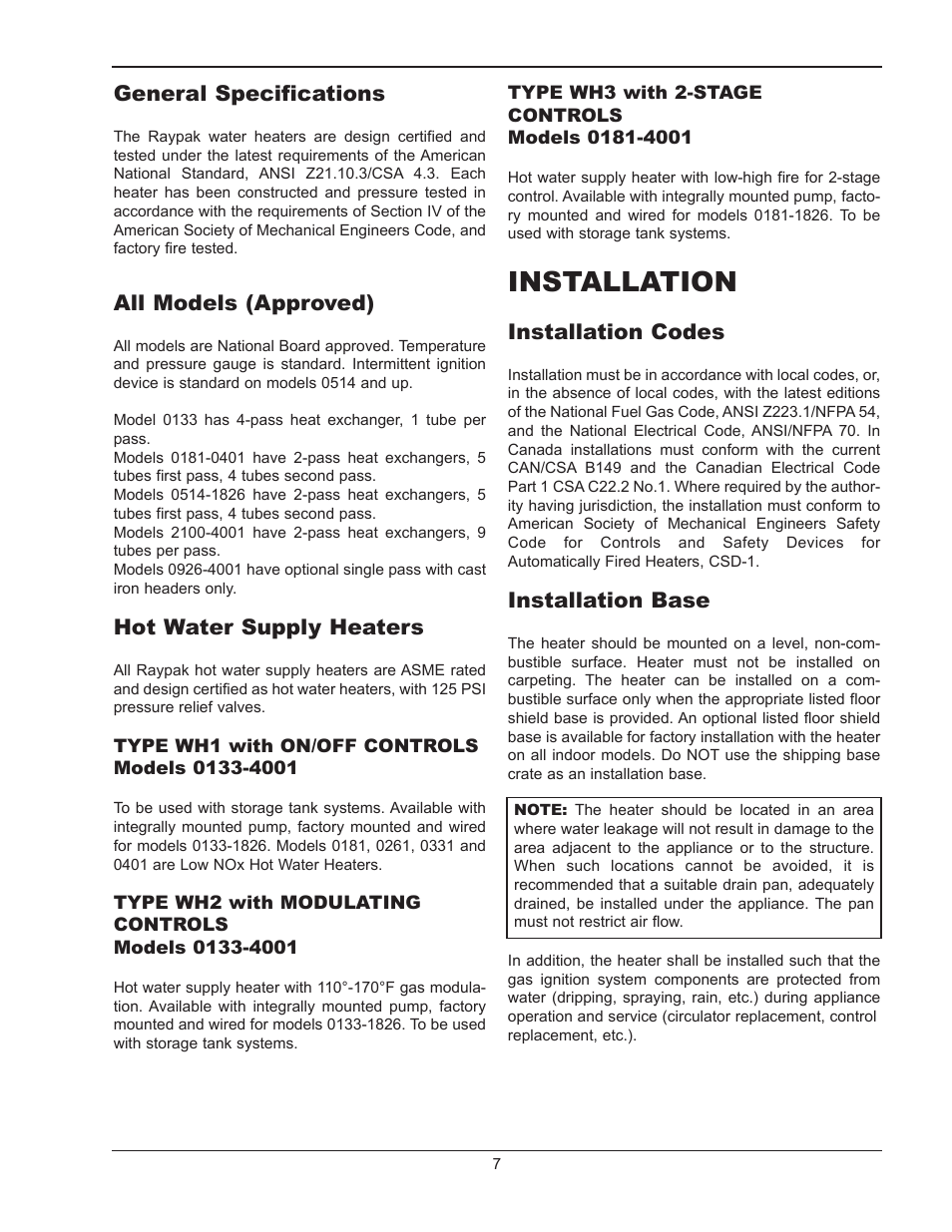 General specifications, All models (approved), Hot water supply heaters | Installation, Installation codes, Installation base | Raypak 1334001 User Manual | Page 7 / 52