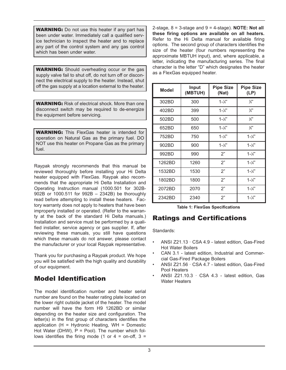 Model identification, Ratings and certifications | Raypak FlexGas 302BD-2342BD User Manual | Page 3 / 12