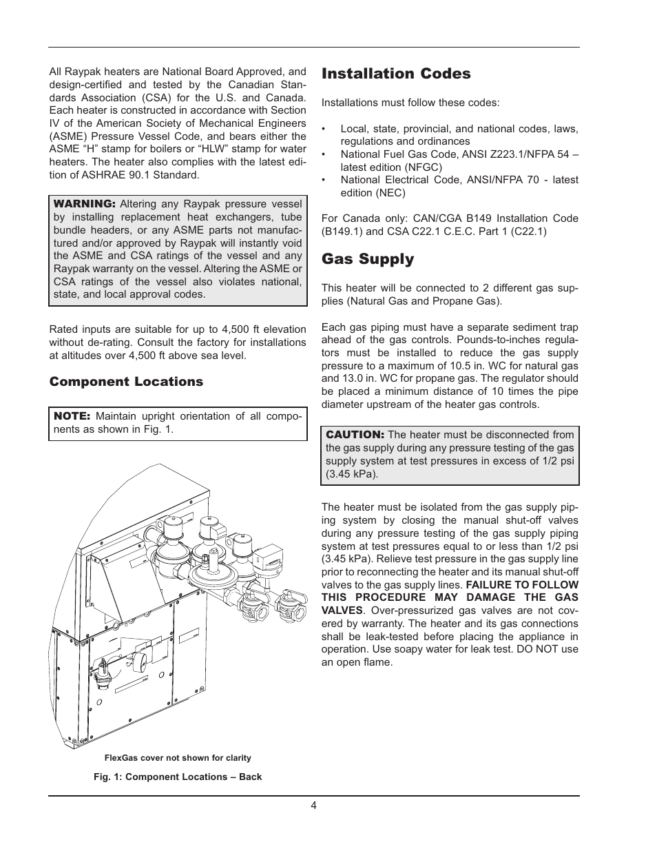 Installation codes, Gas supply | Raypak FlexGas 302BD-2342BD User Manual | Page 4 / 12