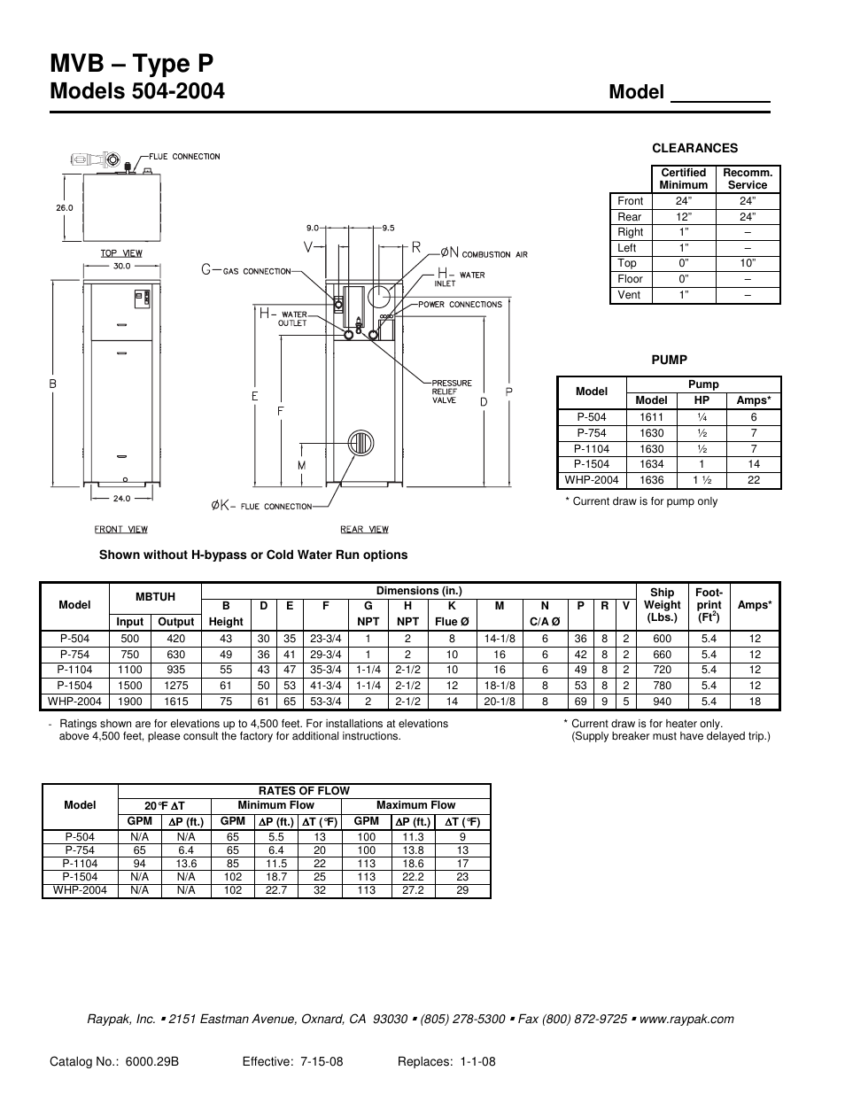 Mvb – type p, Model | Raypak MVB TYPE B 504-2004 User Manual | Page 2 / 2