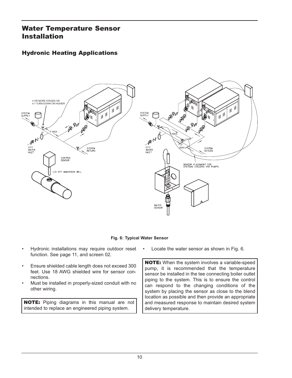 Water temperature sensor installation, Hydronic heating applications | Raypak LONMARK Y-200 User Manual | Page 10 / 40