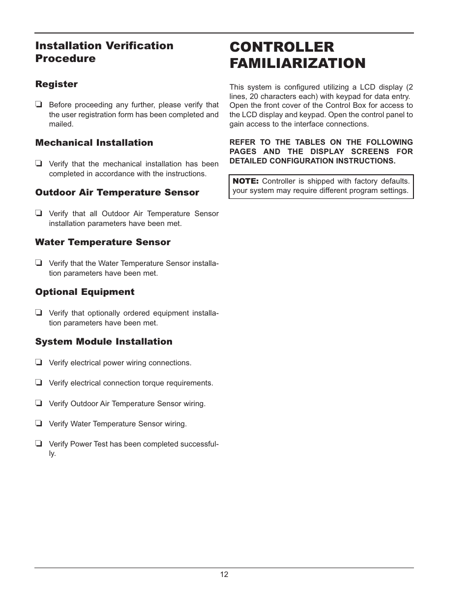Controller familiarization, Installation verification procedure | Raypak LONMARK Y-200 User Manual | Page 12 / 40