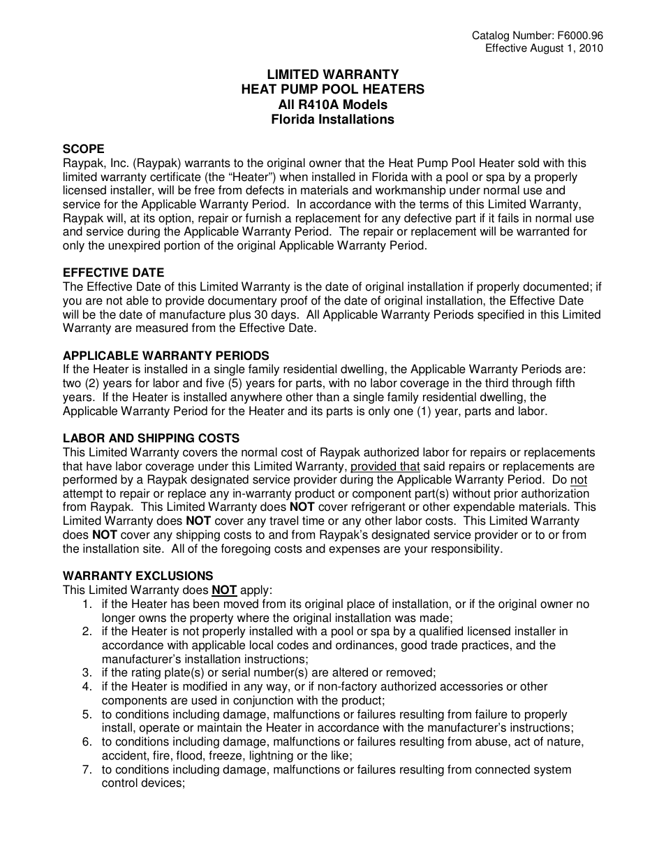 Raypak R410A User Manual | 2 pages