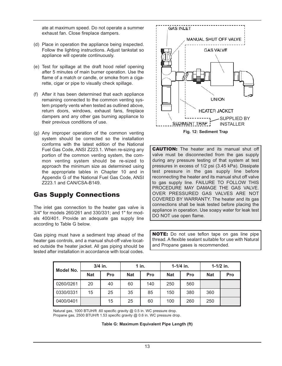 Gas supply connections | Raypak 2600401 User Manual | Page 13 / 40